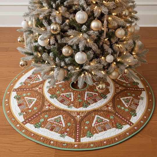 Discover Gingerbread House Christmas Tree Skirt, Brown Quilted Holiday Skirt with Candy Cane Trim, Sweet Festive Home Decor