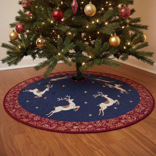 Discover Blue and Red Reindeer Christmas Tree Skirt, Quilted Holiday Skirt with Golden Stars and Deer, Classic Festive Decor