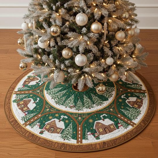 Discover Green Winter Cabin Christmas Tree Skirt, Quilted Holiday Skirt with Snowmen and Pine Trees, Rustic Holiday Decor