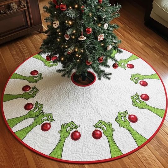 Discover Green Hand Christmas Tree Skirt, Green Hand  White Quilted Holiday Skirt with Green Hands Holding Ornaments, Funny Xmas Decor Green Hand