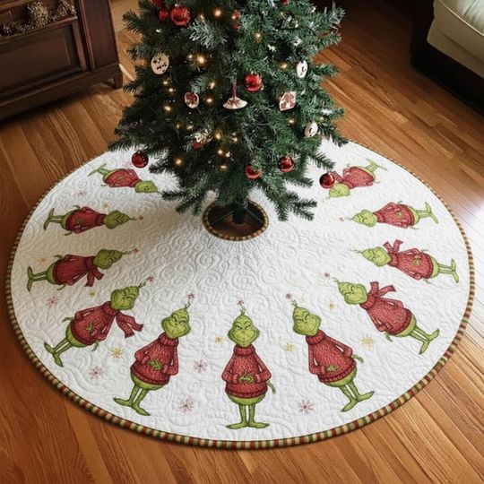Discover Greench Sweater Christmas Tree Skirt, Quilted White Holiday Skirt with Red Sweater Green Character, Cozy Xmas Decor Greench Sweate
