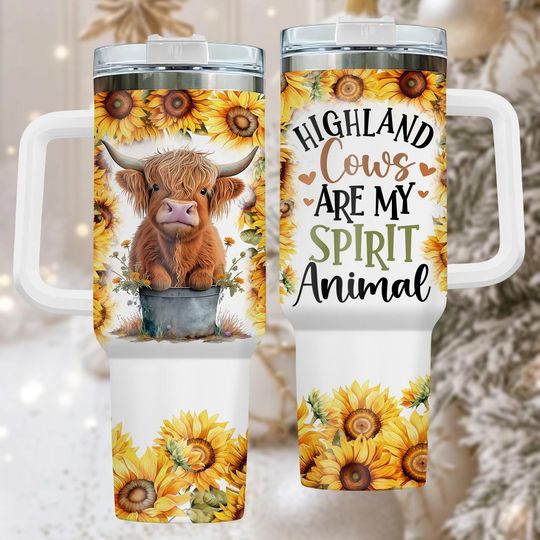 Discover Highland Cow 40oz Tumbler, Floral Stainless Tumbler With Handle, Animal Gift For Her, Sunflower Drinkware For Travel, Christmas
