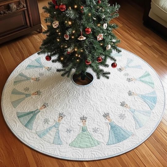 Discover Snow Queen Christmas Tree Skirt, Elegant Blue and White Quilted Skirt with Ice Princess Design, Winter Wonderland Decor