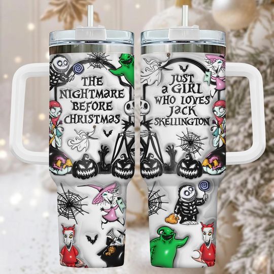 Nightmare Before Christmas 40oz Tumbler With Handle, Holiday Drinkware Gift For Her, Spooky Christmas Cup