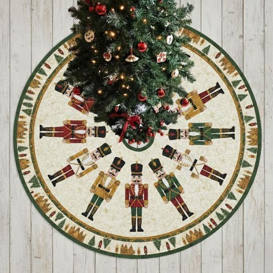 Discover Nutcracker Soldiers Christmas Tree Skirt, White Quilted Holiday Skirt with Red Green Gold Toy Soldiers, Festive Classic Decor