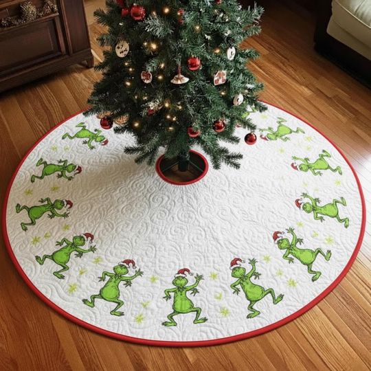 Discover Green Santa Hat Christmas Tree Skirt, Quilted White Holiday Mat with Dancing Green Character, Whimsical Xmas Decor Green Santa Hat