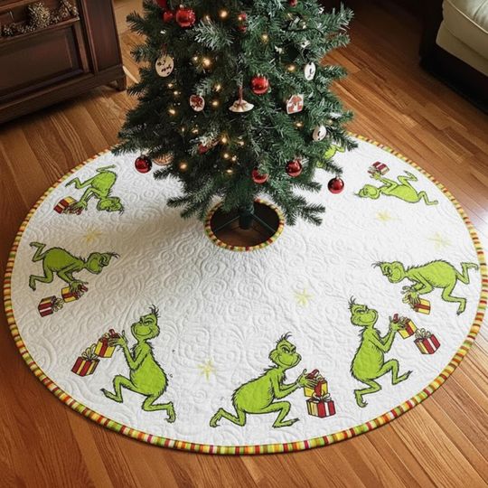 Discover Green  Christmas Tree Skirt, White Quilted Holiday Skirt with Funny Green Character Holding Gifts, Whimsical Xmas Decor