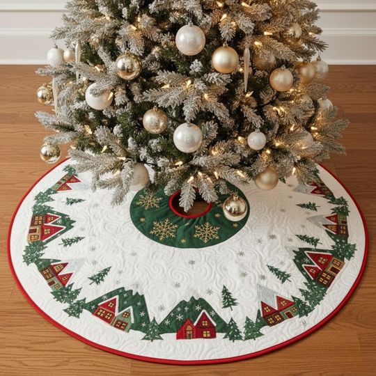 Discover Winter Mountain Village Christmas Tree Skirt, White Quilted Holiday Skirt with Red and Green Houses, Cozy Cabin Decor