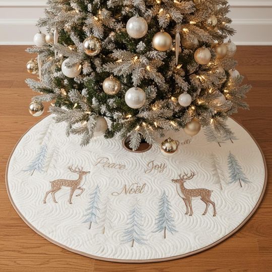 Discover Reindeer Christmas Tree Skirt, White Quilted Holiday Skirt with Peace Joy Nol Embroidery, Elegant Winter Decor