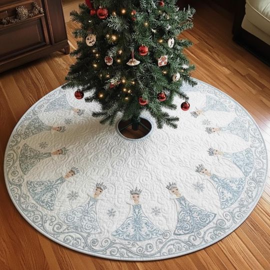 Discover Ice Princess Christmas Tree Skirt, Light Blue Quilted Holiday Skirt with Snowflake Dress Pattern, Elegant Winter Decor
