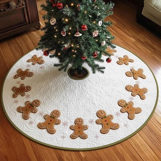 Discover Gingerbread Man Christmas Tree Skirt, White Quilted Xmas Skirt with Brown Cookie Pattern, Holiday Decor for Cozy Living Room