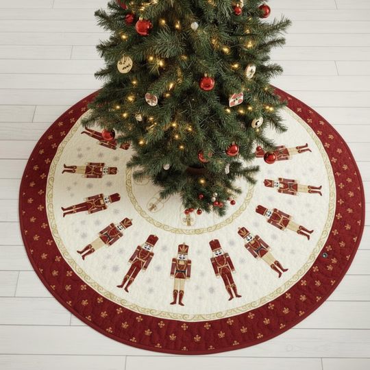 Discover Red Nutcracker Christmas Tree Skirt, Quilted Holiday Skirt with Toy Soldier Pattern, Festive Classic Christmas Decor