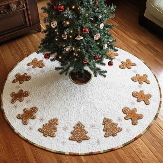 Discover Gingerbread and Tree Christmas Skirt, Quilted White Tree Skirt with Cookie Figures, Holiday Kitchen Theme Decor