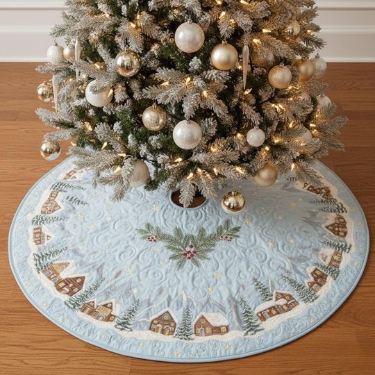 Discover Blue Winter Village Christmas Tree Skirt, Quilted Holiday Skirt with Snowy Houses and Pine Design, Elegant Winter Decor