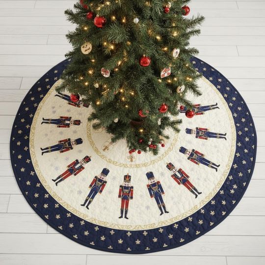 Discover Blue Nutcracker Christmas Tree Skirt, Quilted White and Navy Holiday Skirt with Toy Soldiers, Classic Festive Home Decor