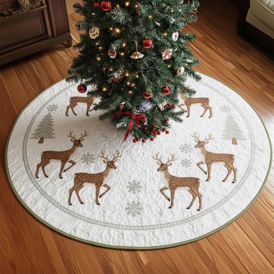 Discover White Reindeer Christmas Tree Skirt, Quilted Holiday Tree Skirt with Brown Deer and Snowflake Design, Winter Forest Decor