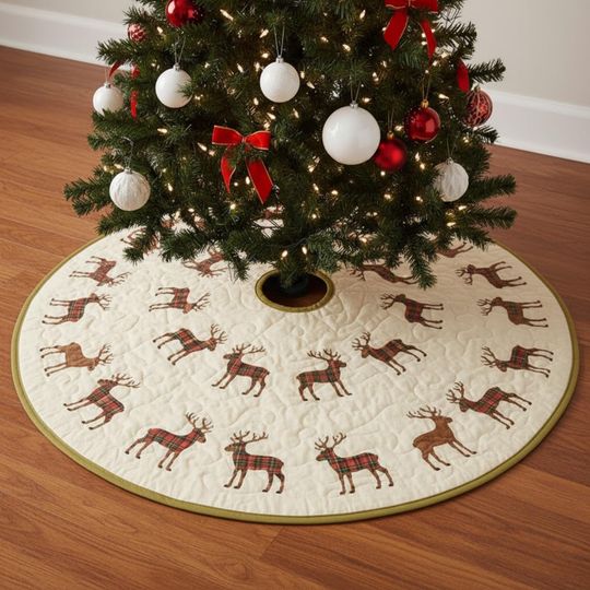 Plaid Reindeer Christmas Tree Skirt, Beige Quilted Holiday Skirt with Red and Green Plaid Deer, Rustic Farmhouse Decor