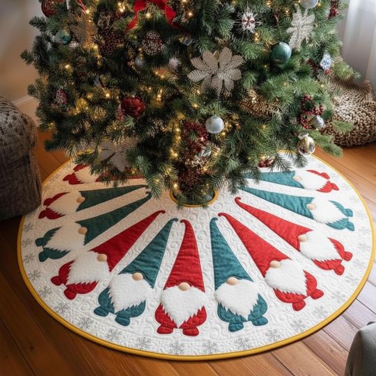 Discover Red Teal Gnome Christmas Tree Skirt, Nordic Holiday Decor, Modern Xmas Tree Skirt, Family Christmas Decoration Gift Christmas Tree Skirt