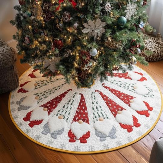Discover Christmas Tree Hat Gnome Skirt, Red Gray Holiday Decor, Nordic Xmas Tree Skirt, Cozy Family Christmas Decoration Gift