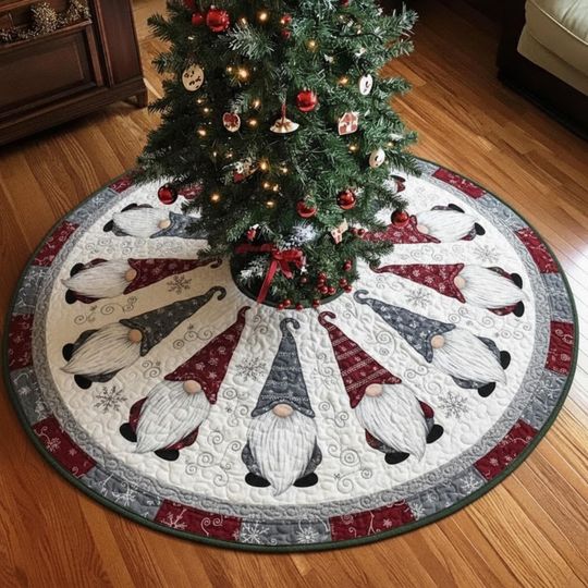 Discover Gray Red Gnome Christmas Tree Skirt, Scandinavian Xmas Decor, Modern Holiday Tree Skirt, Family Christmas Decoration Gift Tree Skirt