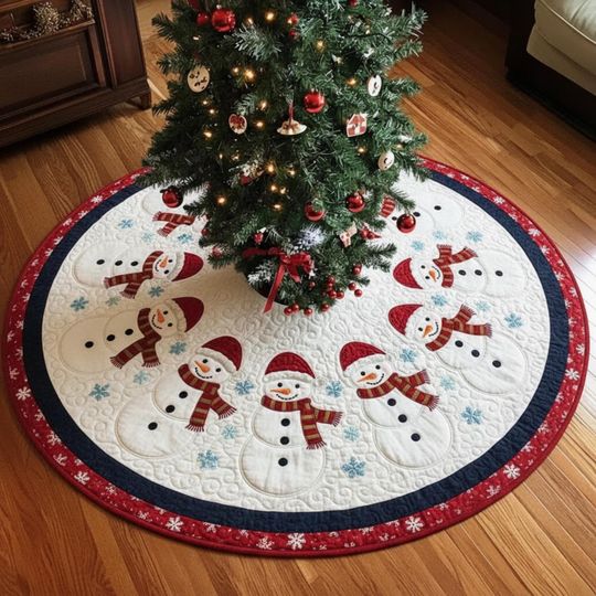 Discover Red Hat Snowman Christmas Tree Skirt, Winter Holiday Decor, Cute Xmas Tree Skirt, Family Christmas Decoration Gift Christmas Tree Skirt
