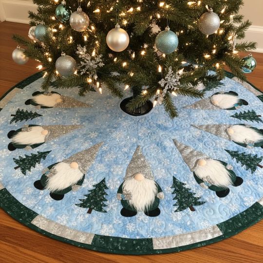 Discover Blue Gnome Christmas Tree Skirt, Winter Wonderland Decor, Silver Hat Gnome Xmas Skirt, Cozy Holiday Decoration Gift  Christmas Tree Skirt