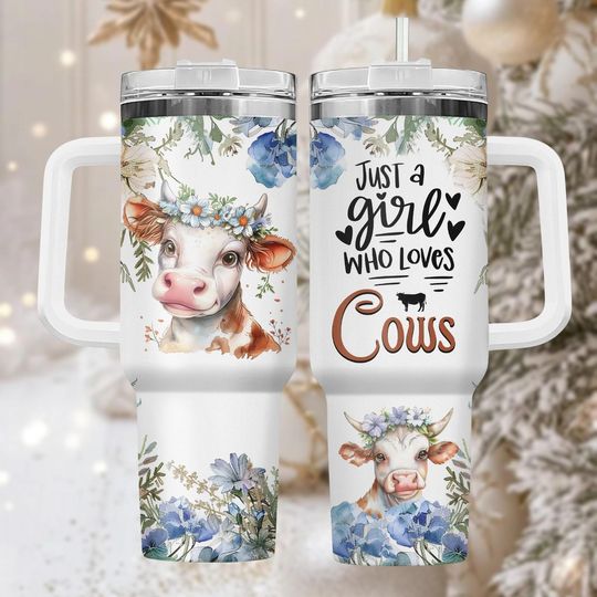 Discover Cow Lover 40oz Tumbler, Floral Stainless Tumbler With Handle, Personalized Coffee Cup Gift For Her, Farmer Drinkware, Holiday Present