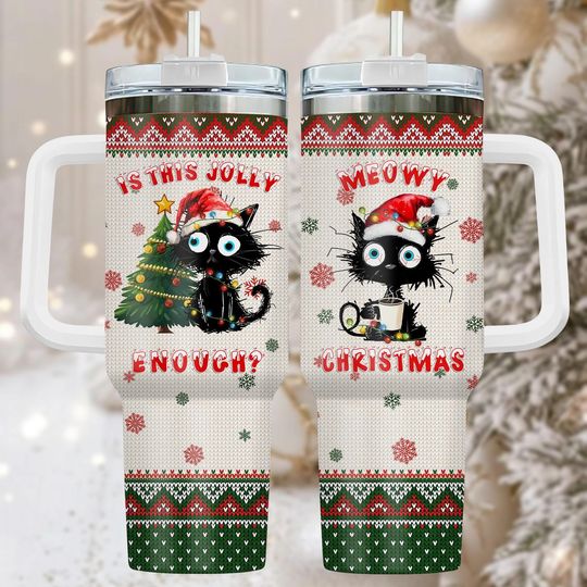 Discover Christmas Cat 40oz Tumbler, Festive Stainless Tumbler With Handle, Holiday Drinkware Gift For Her, Meowy Christmas Coffee Mug Gift