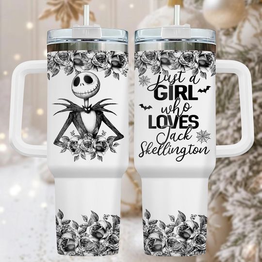 Discover Jack Skellington 40oz Tumbler, Engraved Stainless Tumbler With Handle, Spooky Coffee Cup Gift For Her, Halloween Drinkware, Christmas G