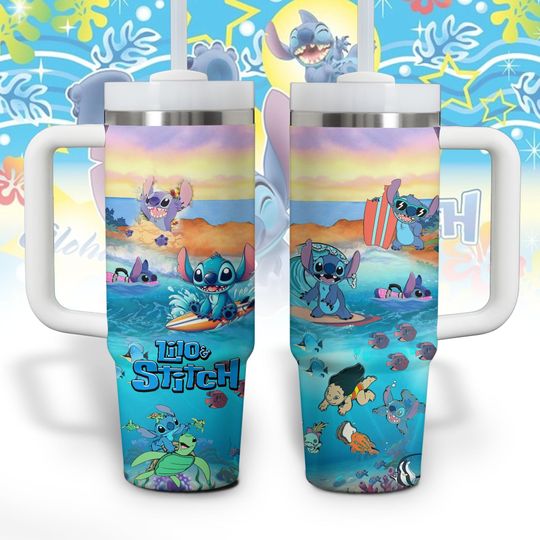Discover Stitch Tumbler with Handle 40oz, Cute Blue Disney Cup with Floral Print, Stitch Travel Mug for Ohana