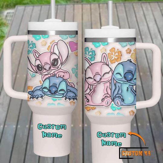 Custom Stitch & Angel 40oz Tumbler with Handle, Insulated Stainless Steel Mug with Straw, Cute Gift