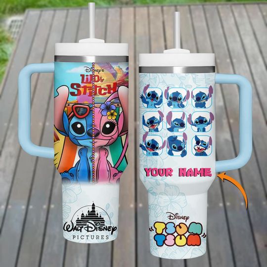 Discover Personalized Stitch Tsum Tsum Tumbler, Cute Disney Cartoon Stainless Steel Mug with Handle, Custom Name Coffee Cup Gift