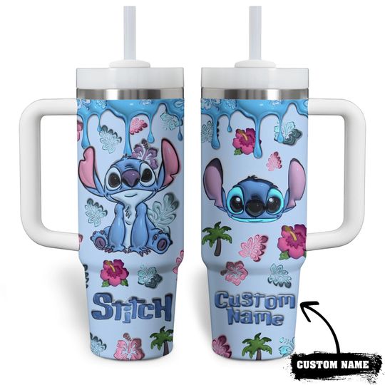 Discover Custom Name Stitch Tumbler with Handle 40oz, Cute Blue Disney Cup with Floral Print, Personalized Travel Mug for Ohana