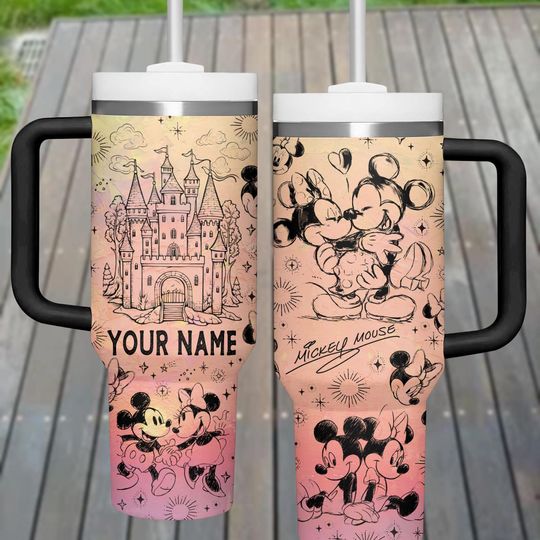 Discover Mickey and Minnie Personalized Tumbler, Disney Castle Stainless Steel Mug with Handle, Custom Name Cartoon Coffee Cup