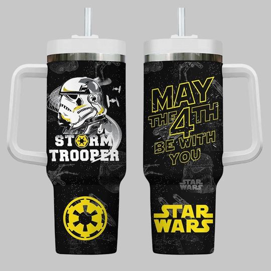 Discover Star Wars Stormtrooper Tumbler, May the 4th Stainless Steel Mug with Handle, Black Galactic Coffee Cup Sci Fi Gift