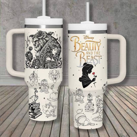 Discover Beauty and the Beast Tumbler, Disney Princess Stainless Steel Mug with Handle, Cream Sketch Art Coffee Cup for Women
