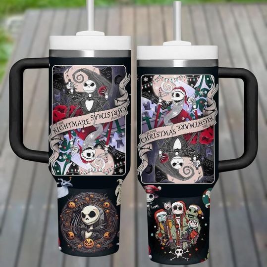 Nightmare Before Christmas Tumbler, Jack and Sally Stainless Steel Mug with Handle, Halloween Holiday Coffee Cup Gift