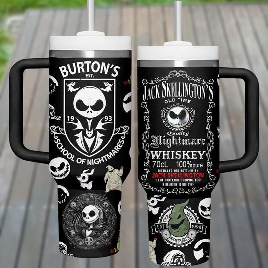 Jack Skellington Nightmare Before Christmas Tumbler, Gothic Black Stainless Steel Mug with Handle, Halloween Coffee Cup