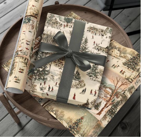 Vintage Skiers Christmas Wrapping Paper, Nostalgic Winter Skiing Wrapping Paper,Winter Wonderland Christmas Gift Wrap, Vintage Village Scene