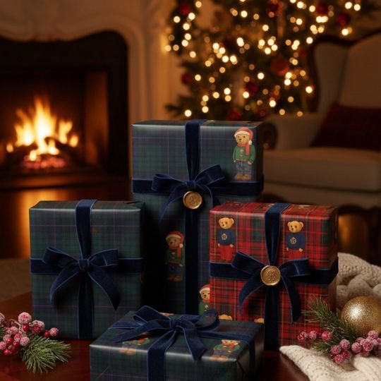 Discover Ralph Lauren Inspired Plaid Christmas Gift Wrap, Tartan Teddy Bear Red & Navy Traditional Wrapping Paper