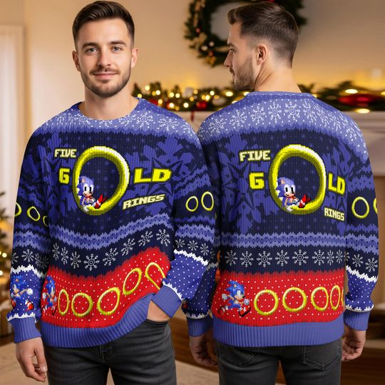 Discover The Hedgehog Ugly Christmas Sweater, Five Gold Rings Retro Gamer Pullover, Funny Holiday Gift for Men Women Sega Fans