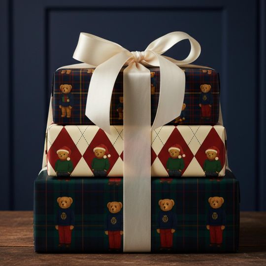 Tartan Teddy Bear Christmas Gift Wrap, Luxury Red & Navy Elegant Preppy Holiday Gift Wrapping Paper