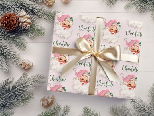 Discover Pink Santa Personalized Christmas Wrapping Paper, Custom Wrapping Paper, Personalized Gift Wrapping Paper, Vintage Santa Gift Wrapping Paper