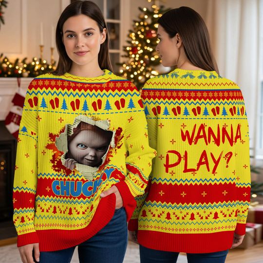 Chucky Ugly Christmas Sweater Wanna Play, Scary Funny Holiday Sweater for Fans, Horror Movie 3D Print Pullover
