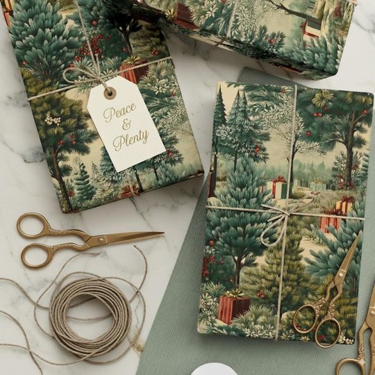 Vintage Christmas Wrapping Paper Retro Style Joyful Holiday Gift Wrap Festive Christmas Tree 1950s style Beautiful Retro Christmas Gift Wrap