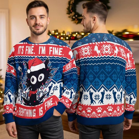 Cat Its Fine Im Fine Ugly Christmas Sweater, Retro Cat Xmas Jumper,Funny Meme Holiday Pullover,  Christmas Gift for Family 2025