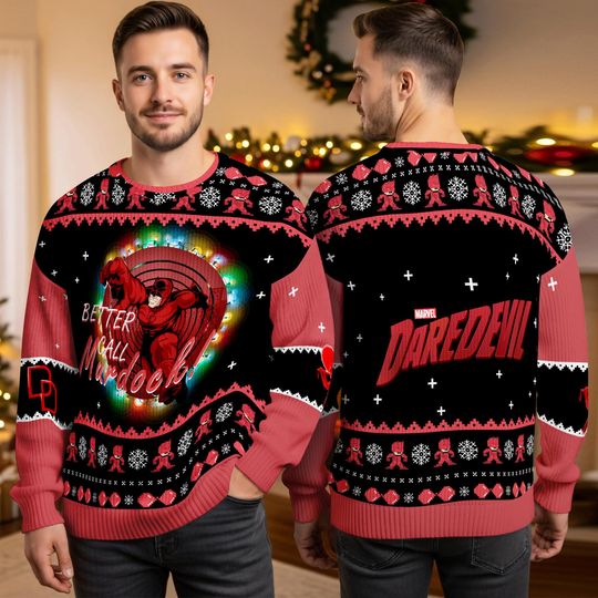 Daredevil Ugly Christmas Sweater, Comic Superhero Xmas Party Outfit 2025, Funny MCU Daredevil 3D All Over Print Holiday Pullover
