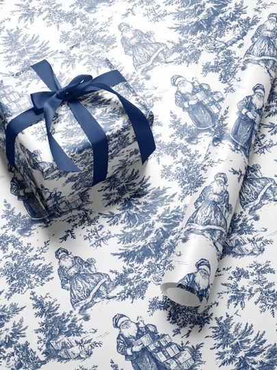 Vintage Christmas Toile Chinoiserie Wrapping Paper Roll Blue Santa Toile Pattern Elegant Holiday Gift Wrap Luxury Christmas Paper