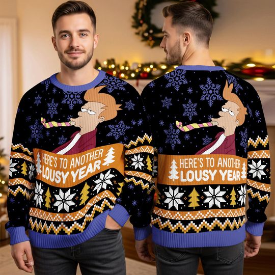 Futurama Ugly Christmas Sweater, Bender Funny Lousy Year Meme Pullover, 3D All Over Print TV Show Xmas Sweater Gift for Family 2025