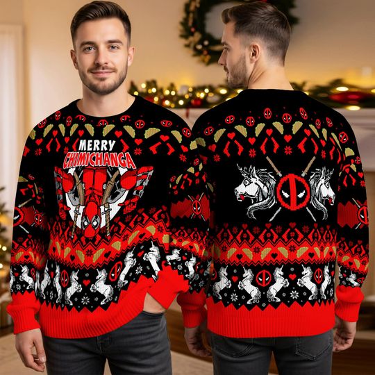 Deadpool Ugly Christmas Sweater, MCU Antihero Funny 3D Pullover, Comic Holiday Gift Sweater for Men Women Fans